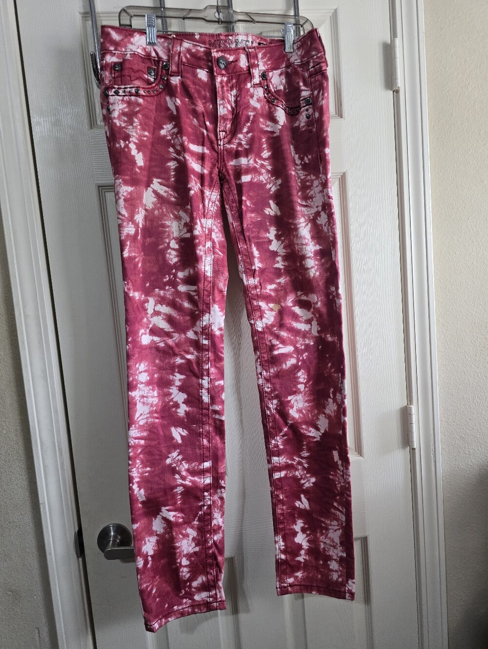 Miss Me Womens Jeans Tie Dye Red JD106352 Skinny Rhinestone Flap Pocket Size 30